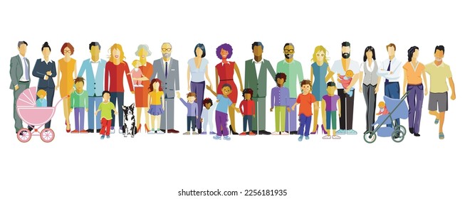different parents with babies and children, families groups isolated on white Illustration - Shutterstock ID 2256181935