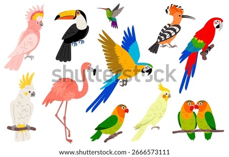 Different parrots flat icon set isolated on white background. Vector illustration. Macaw bird, lovebirds, hawaiian cockatiel, hoopoe. Exotic toucan, cockatoo, pink flamingo, flying hummingbird.