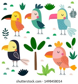 Different parrots, tropical trees and leaves. Childish vector illustration.
