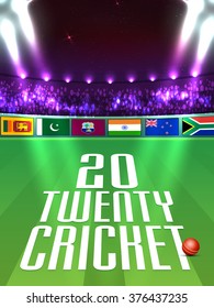 Different participant countries flags on night stadium lights background for Cricket Sports concept.