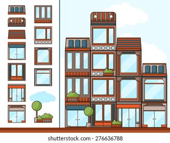 Different parts of buildings included doors, windows and roofs to construct your own building or group of buildings.