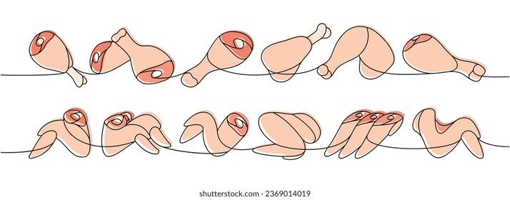 Different parts of chicken meat one line colored continuous drawing. Raw chicken meat parts continuous one line illustration.