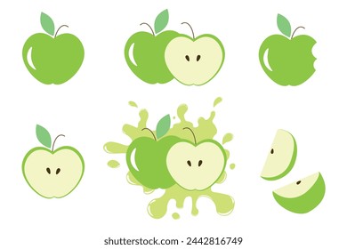 Different parts of green apples vector set Fruit design elements Whole apples, slices, leaves apple seeds and apples with juice splash vector design elements isolated on white Green apples collection.