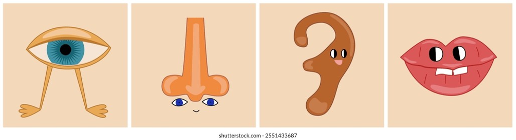 Diferentes partes del rostro humano. Abstractas ojo, oído, boca y nariz. Cuadros educativos para niños. Ilustración vectorial aislada plana