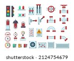 Different parts of machines vector illustrations set. Collection of elements of mechanical equipment, pipes, levers and buttons isolated on white background. Machinery, technology, industry concept