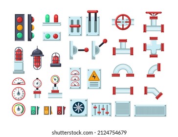 Different parts of machines vector illustrations set. Collection of elements of mechanical equipment, pipes, levers and buttons isolated on white background. Machinery, technology, industry concept