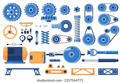 Verschiedene Teile des Mechanismus. Mechanische Leistungseinheiten, die aus verschiedenen Teilen zusammengebaut werden können. Vektorgrafik
