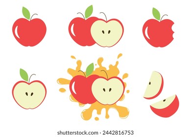 Different parts of red apples vector set Fruit design elements. Whole apples, slices, leaves apple seeds and apples with juice splash vector design elements isolated on white Red apples collection set