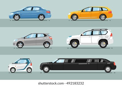 Different passenger car vector. Sedan car, universal car, hatchback, off-road, SUV, mini car, limousine