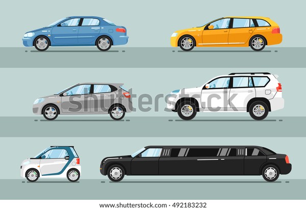 Different passenger\
car vector. Sedan car, universal car, hatchback, off-road, SUV,\
mini car, limousine