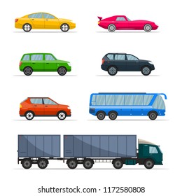 Different passenger car vector. Urban, city cars and vehicles transport vector flat icons set. Retro car icon set.