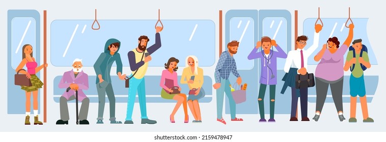 Different Passengers Inside Crowded Subway Train. Male And Female Characters Using Public Transport. Flat Art Vector Illustration