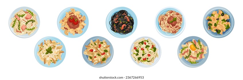 Different Pasta Dish as Italian Cuisine for Restaurant Menu Served on Plate Vector Set