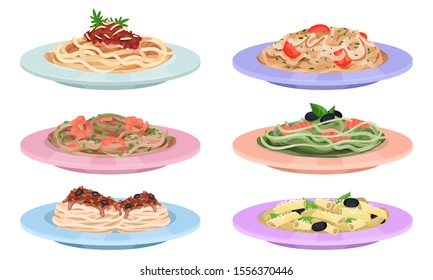 Different Pasta Dishes Served On Flat Plates Vector Set