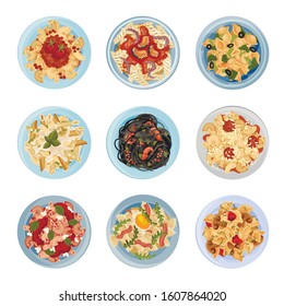 Different Pasta Served on Plate Top View Vector Set