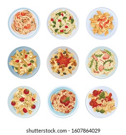 Different Pasta Served on Plate Top View Vector Set