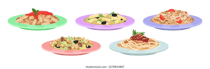 Different Pasta Served on Plate with Garnish Vector Set