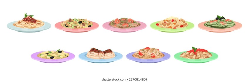 Different Pasta Served on Plate with Garnish Vector Set