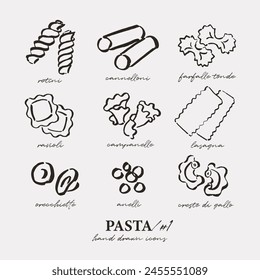 Different pasta types set, outline icons, simple loose drawings, sketchy style