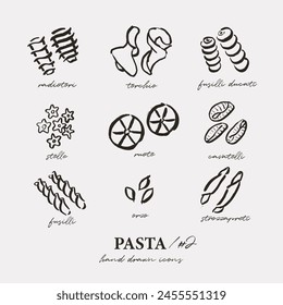 Diferentes tipos de pasta, iconos de contorno, dibujos sueltos simples, estilo sketchy