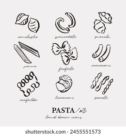 Diferentes tipos de pasta, iconos de contorno, dibujos sueltos simples, estilo sketchy