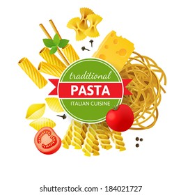 Different pasta types, tomatoes, mint and spices over white background