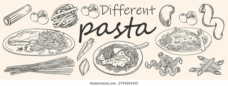 Different pasta types vector collection. Hand drawn line art illustration of Italian food elements, spaghetti, penne, macaroni, and tomatoes.