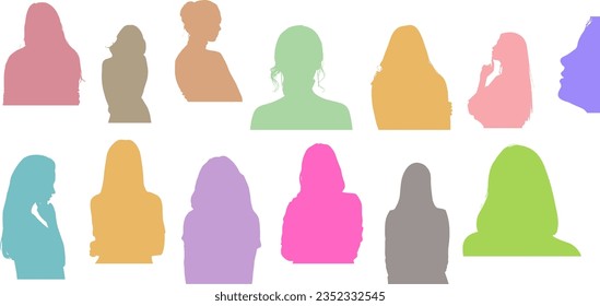 different pastel colors Group of Women Silhouettes, Female Silhouettes, women portrait silhouettes illustration , Lady Silhouettes, Abstract Women illustration , Feminine Shadow Figures, businesswoman