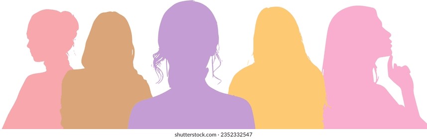 different pastel colors Group of Women Silhouettes, Female Silhouettes, women portrait silhouettes illustration , Lady Silhouettes, Abstract Women illustration , Feminine Shadow Figures, businesswoman
