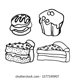 different pastries, cake, muffins, Boucher with cream, dessert for holidays and birthday, vector illustration with black contour lines isolated on white background in Doodle and hand drawn style
