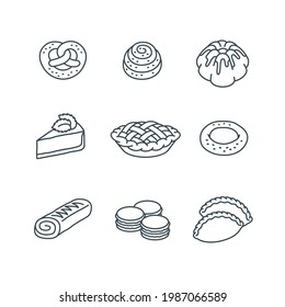 Different pastry items. Sweet dessert food. Simple linear icons of pie, cake, pretzel, bun, roll, cheesecake, bagel, macarons. Homemade baked goods. Bakery products. Outline pictograms. Sketchy style