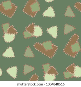 Different patches sewn. On a green background. Seamless pattern.