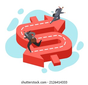 Different path of the same goal. Two businessman running to success opposite direction, dollar sign, various strategies for finding solution, men on right road. Vector business concept