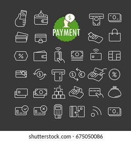 Different payment icons vector collection. Web and mobile app outline icons set on dark background