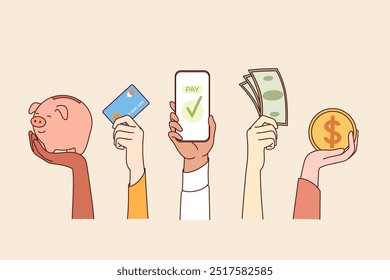 Diferentes opciones de pago muestran las manos de las personas, con efectivo o tarjeta bancaria y aplicación en teléfonos inteligentes. Selección del método de pago de la criptomoneda, la hucha y el teléfono inteligente con función NFC