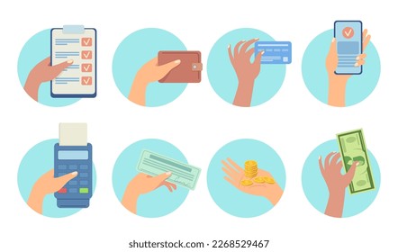 Different payment options vector illustrations set. Cartoon hands with wallet, credit card, phone, banknote, bill, terminal isolated on white background. Banking, shopping, finance concept