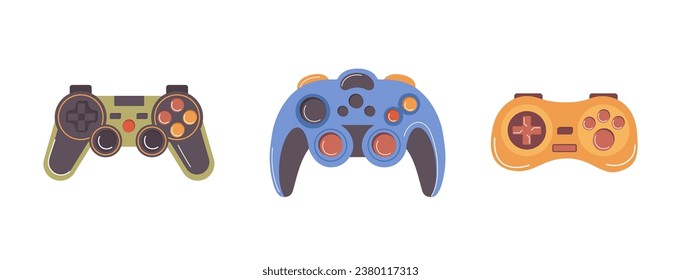 Different PC video game playing console, gamepads and joysticks isolated on white background