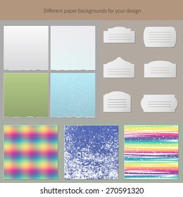 Different peaces of paper - checked paper, ripped paper and paper labels with a place for your text. Vector.