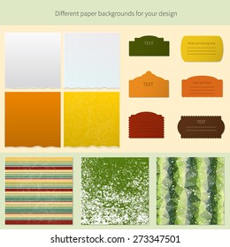 Different peaces of paper - checked paper, ripped paper and paper labels with a place for your text. Vector.