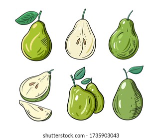 Different pears set flat art vector illustration in cartoon style. Isolated on white background. Design for banner, poster and print.