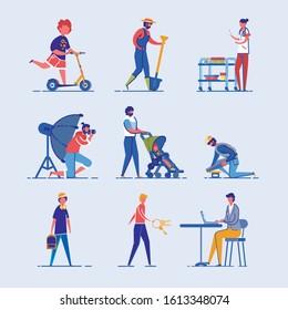 Different People - Adults and Children, Parents and Professionals, Cartoon Characters or Personages Set. Daily Routine Lifestyle Images, Employment and Diversity. Flat Vector Illustration Isolated.