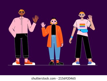 Different People, African American Man, Caucasian Little Woman And Lgbt Person. Diverse Characters Waving Hand. Vector Flat Illustration Of Ethnic And Stature Diversity Concept