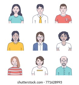 
Different people avatars icons set. Flat line style vector illustration isolated on white  background.