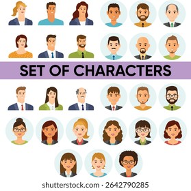 Different People Avatars. Set of Circle User Portraits. Male and Female Characters. Man and Woman in Trendy Outfit. Guys and Girls with Different Hairstyles and Ethnicities.