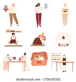 Different people baking and cooking in kitchen vector illustration