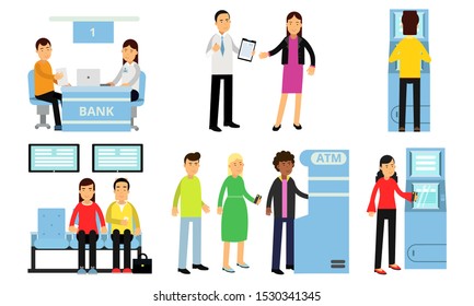 Different people in the bank. Vector illustration.