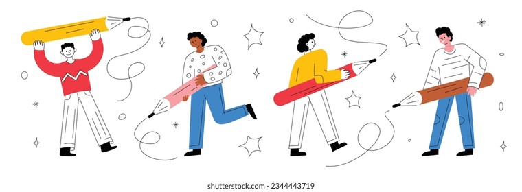 Different people with a big pencil. A symbol of drawing, content creation, writing, design, blogging. Hand-drawn doodle vector illustration.