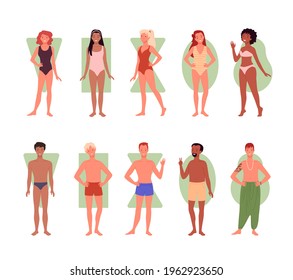 Different people body shape types infographic set, diverse group of man woman characters