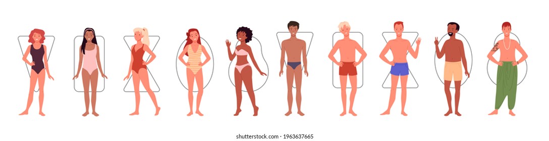 Different people body shape types infographic vector illustration set. Cartoon diverse group of man woman characters in underwear or swimsuits, constitution comparison of women men isolated on white.
