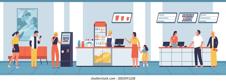 Different people buy tickets and food in the lobby of the cinema vector flat illustration